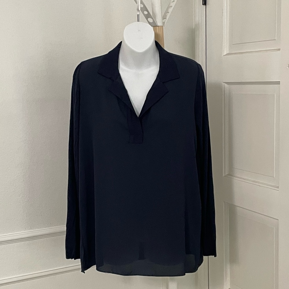 Lola & Sophie Navy Blue Polo Long Sleeve Blouse V Neck
